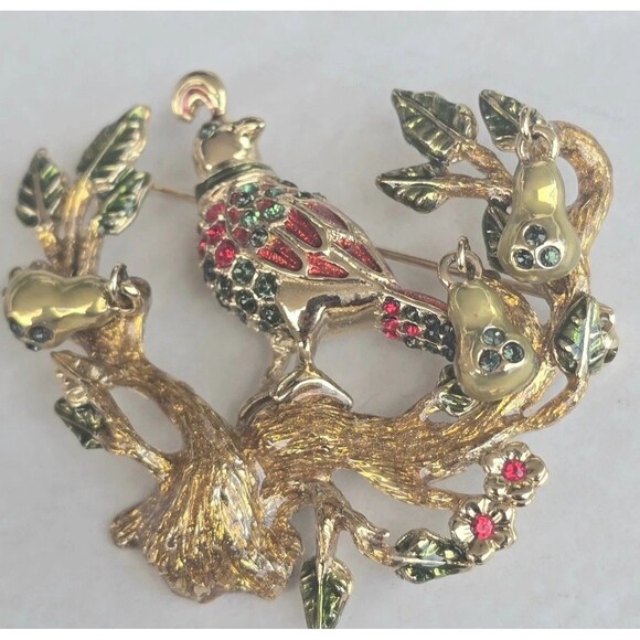 ST JOHN Christmas Partridge in a Tree Brooch Pin RS RARE SJ VINTAGE - Picture 1 of 9
